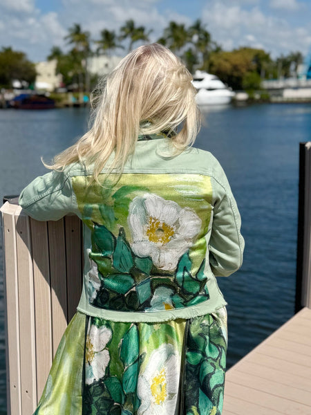 The Tea Leaf Green Denim Jacket / White Blossom