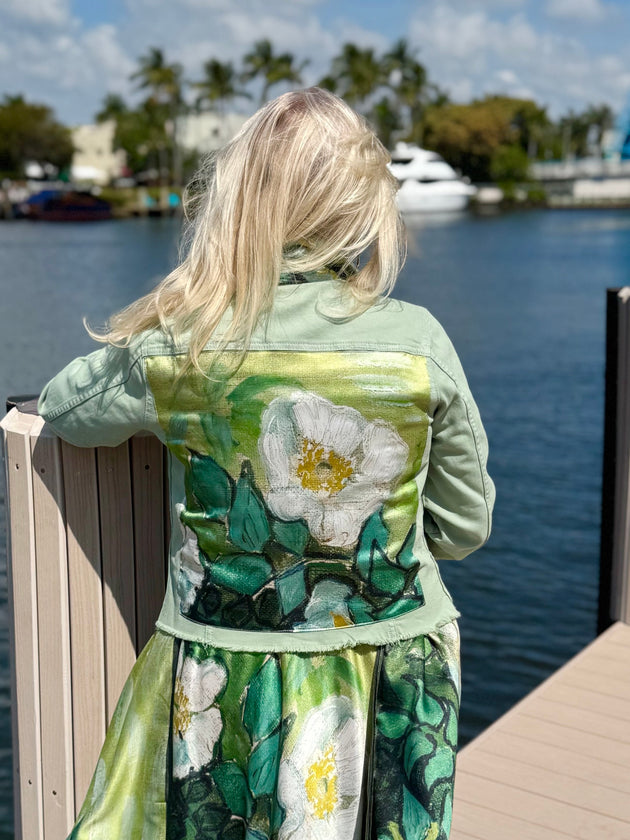 The Tea Leaf Green Denim Jacket / White Blossom