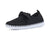 Black slip-on shoe with white sole on a white background