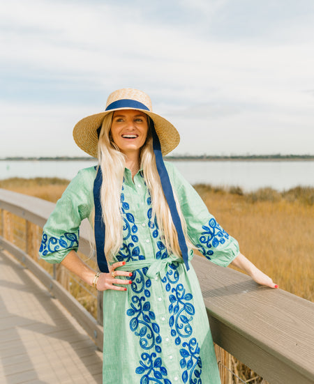 Helen Dress: Embroidered Linen Maxi Dress for Women | Charleston Shoe Co. Green Chambray / Small Helen Dress: Embroidered Linen Maxi Dress for Women | Charleston Shoe Co. Green Chambray / Small