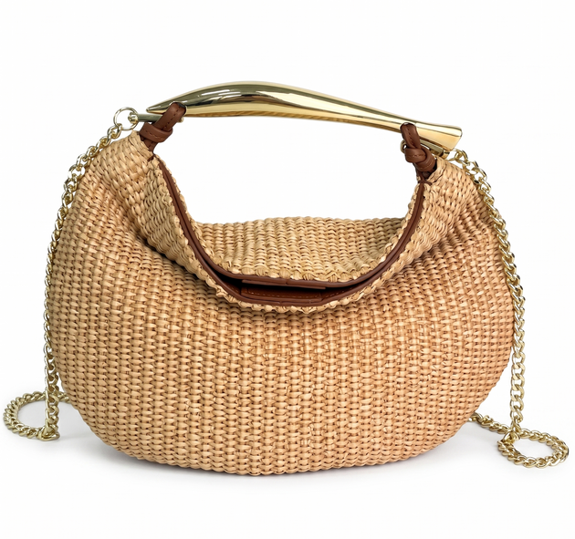 | Lifestyle Woven raffia purse with gold accent handle and gold chain