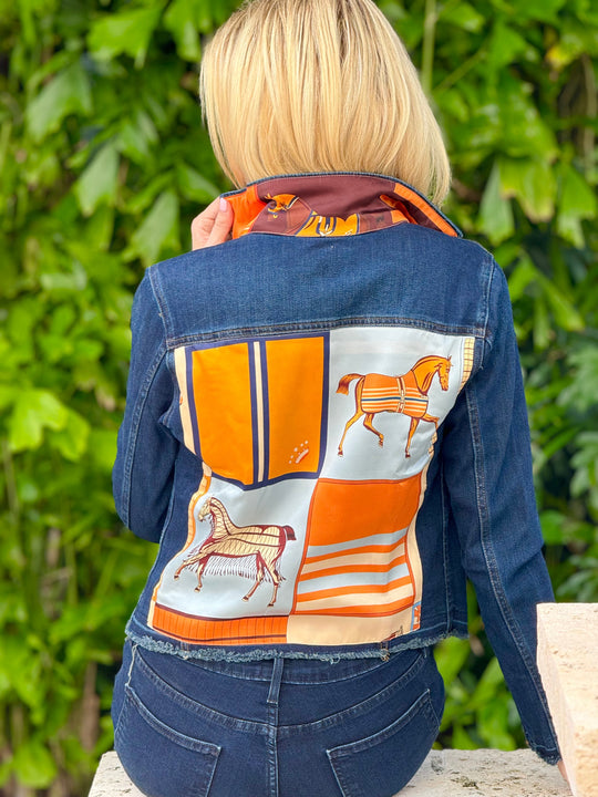 The Dark  Denim Jacket /  Light Blue with Orange Horse