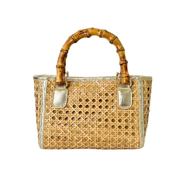 Mini handwoven rattan tote bag straw beach accessory with bamboo handles